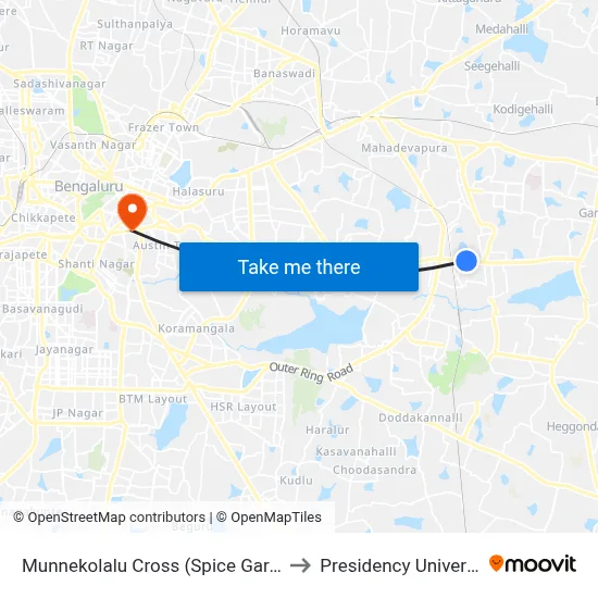 Munnekolalu Cross (Spice Garden) to Presidency University map