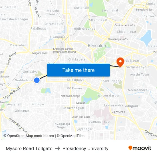 Mysore Road Tollgate to Presidency University map