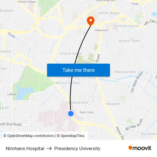 Nimhans Hospital to Presidency University map