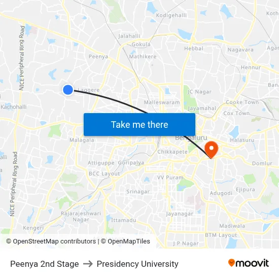 Peenya 2nd Stage to Presidency University map