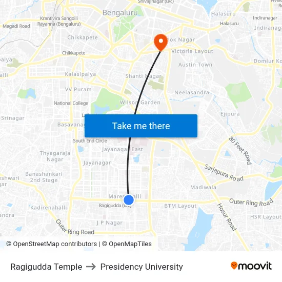 Ragigudda Temple to Presidency University map