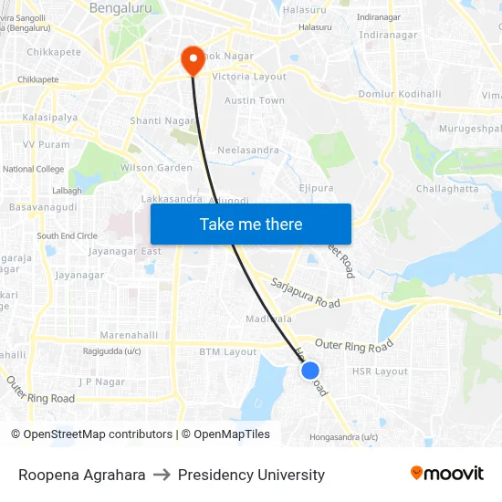 Roopena Agrahara to Presidency University map
