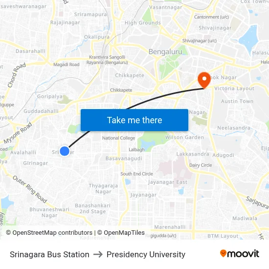 Srinagara Bus Station to Presidency University map