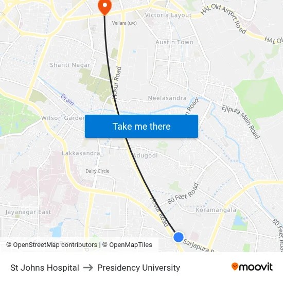 St Johns Hospital to Presidency University map