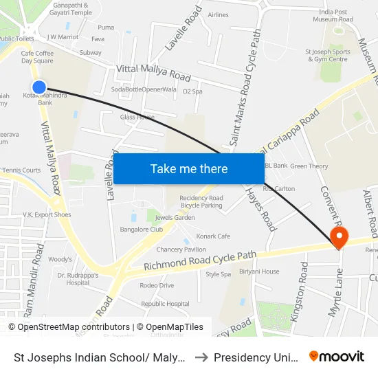 St Josephs Indian School/ Malya Hospital to Presidency University map