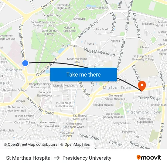 St Marthas Hospital to Presidency University map