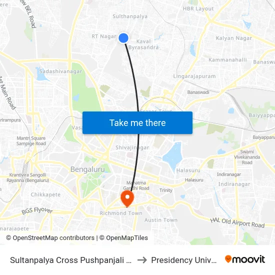 Sultanpalya Cross Pushpanjali Talkies to Presidency University map