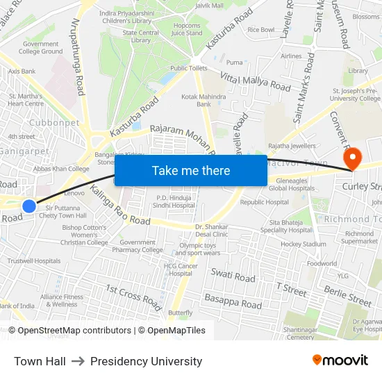 Town Hall to Presidency University map