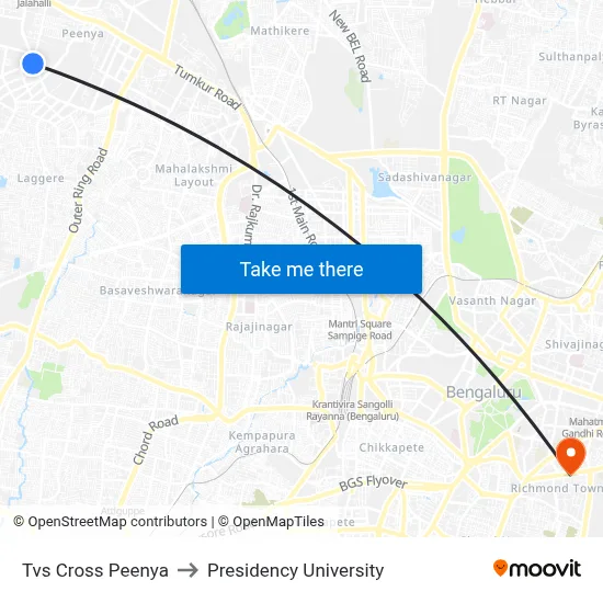 Tvs Cross Peenya to Presidency University map