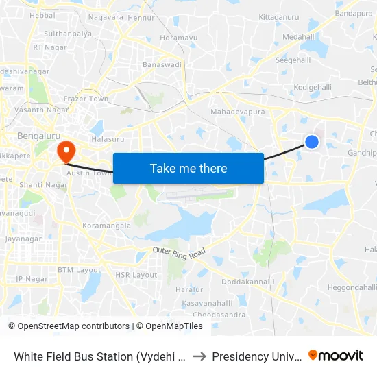 White Field Bus Station (Vydehi Hospital) to Presidency University map