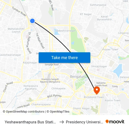 Yeshawanthapura Bus Station to Presidency University map