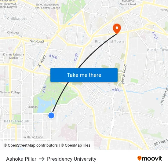 Ashoka Pillar to Presidency University map