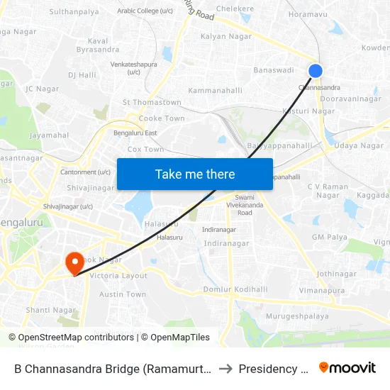 B Channasandra Bridge (Ramamurthy Nagara Ring Road) to Presidency University map