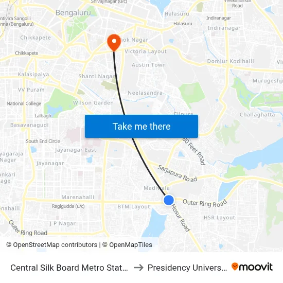 Central Silk Board Metro Station to Presidency University map