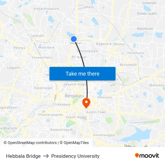 Hebbala Bridge to Presidency University map