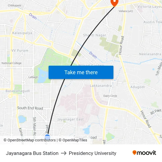 Jayanagara Bus Station to Presidency University map