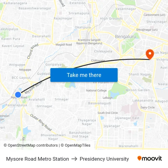 Mysore Road Metro Station to Presidency University map
