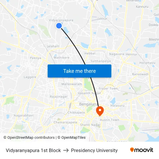 Vidyaranyapura 1st Block to Presidency University map