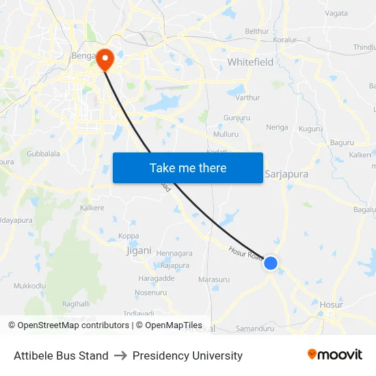 Attibele Bus Stand to Presidency University map