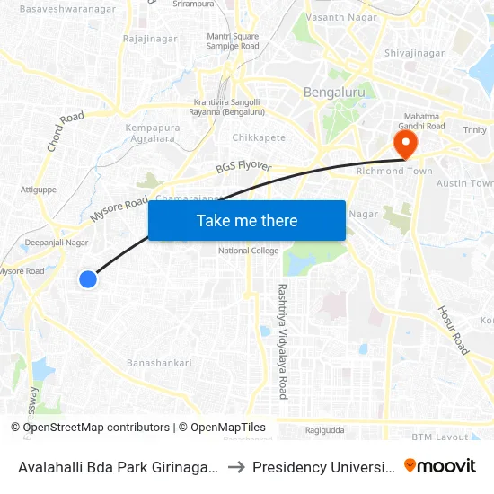 Avalahalli Bda Park Girinagara to Presidency University map