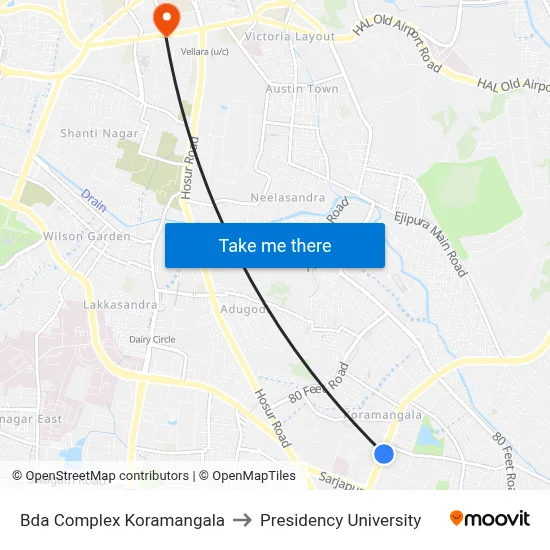 Bda Complex Koramangala to Presidency University map