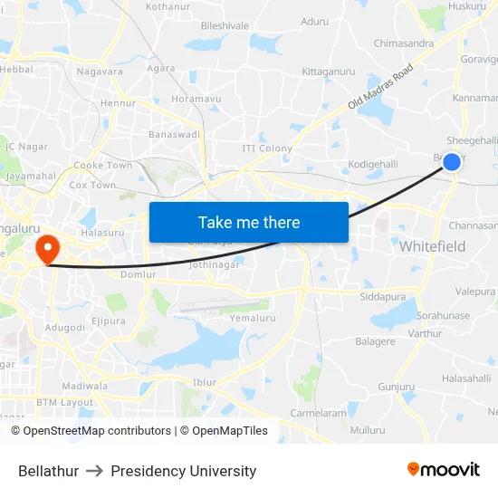 Bellathur to Presidency University map