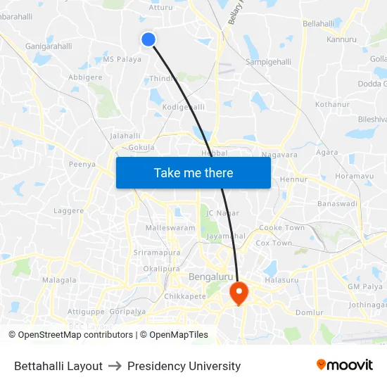 Bettahalli Layout to Presidency University map