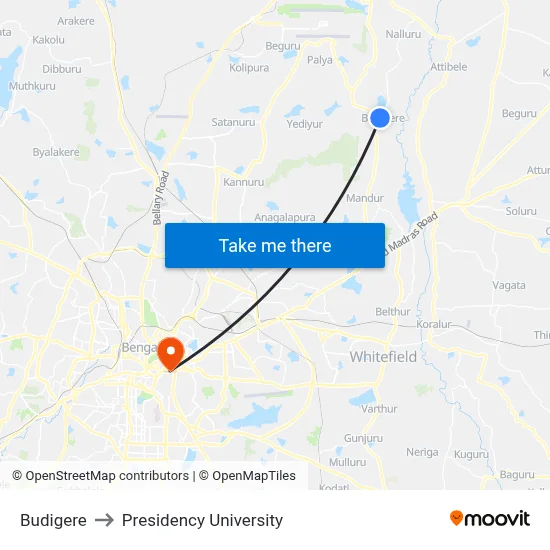 Budigere to Presidency University map