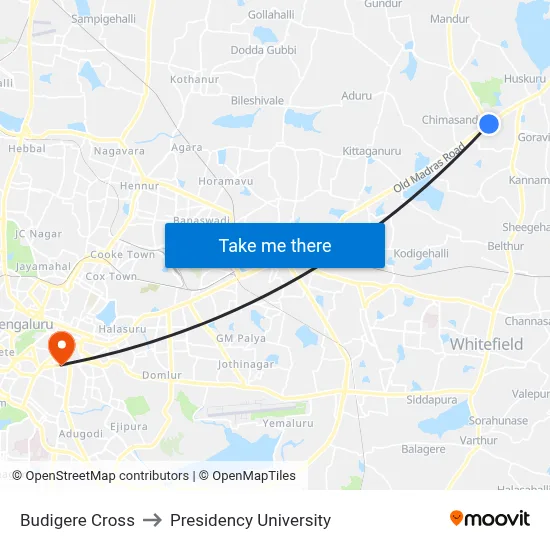 Budigere Cross to Presidency University map