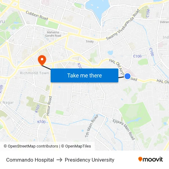 Commando Hospital to Presidency University map