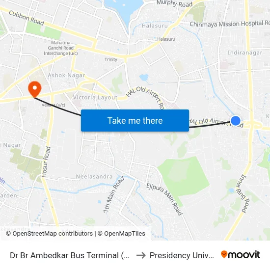 Dr Br Ambedkar Bus Terminal (Domlur) to Presidency University map