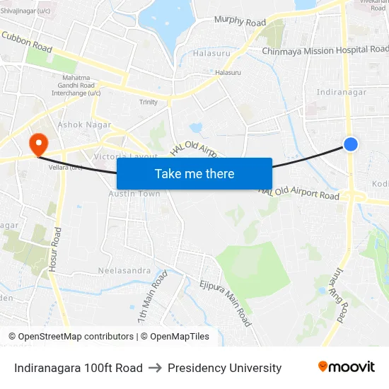 Indiranagara 100ft Road to Presidency University map