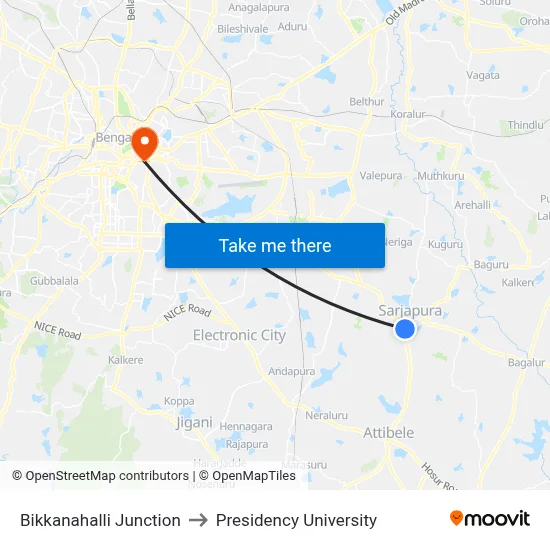 Bikkanahalli Junction to Presidency University map