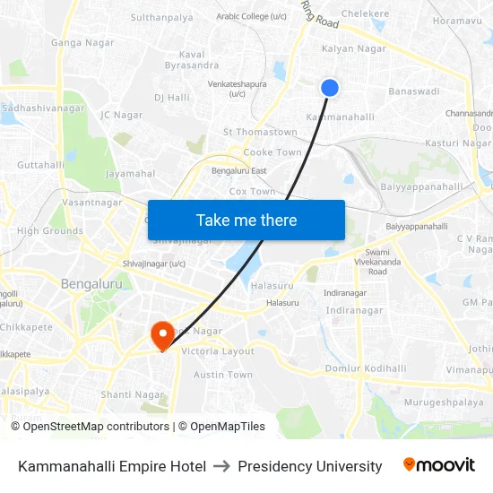 Kammanahalli Empire Hotel to Presidency University map