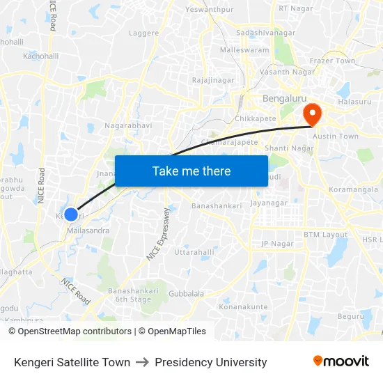 Kengeri Satellite Town to Presidency University map