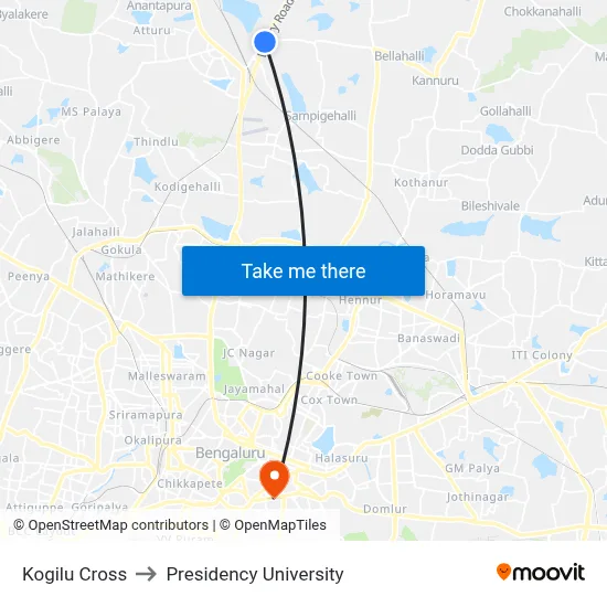 Kogilu Cross to Presidency University map