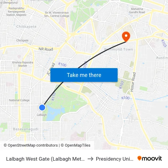 Lalbagh West Gate (Lalbagh Metro Station) to Presidency University map