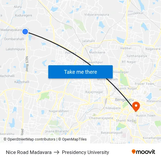 Nice Road Madavara to Presidency University map