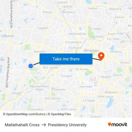 Mallathahalli Cross to Presidency University map