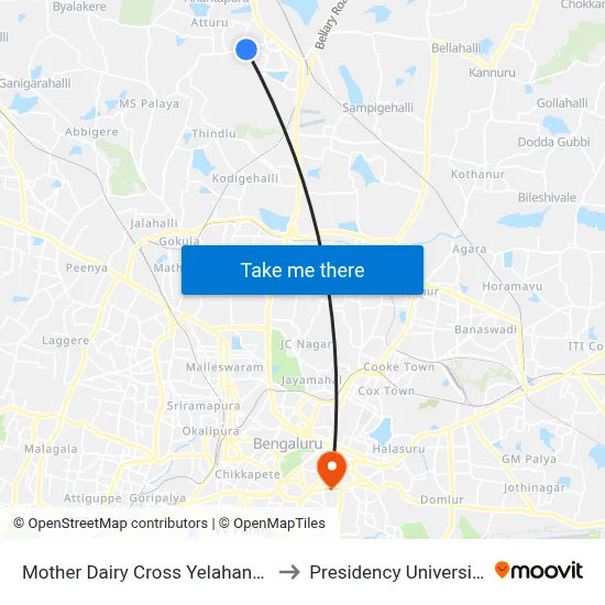 Mother Dairy Cross Yelahanka to Presidency University map