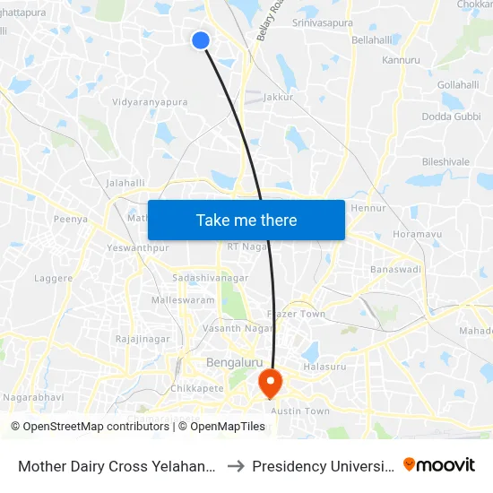 Mother Dairy Cross Yelahanka to Presidency University map