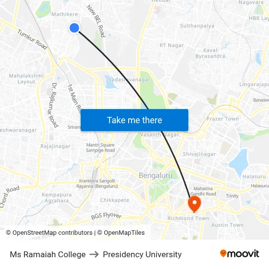 Ms Ramaiah College to Presidency University map