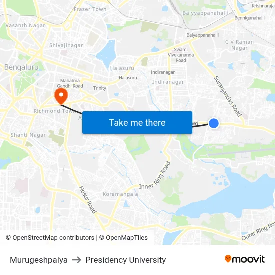 Murugeshpalya to Presidency University map