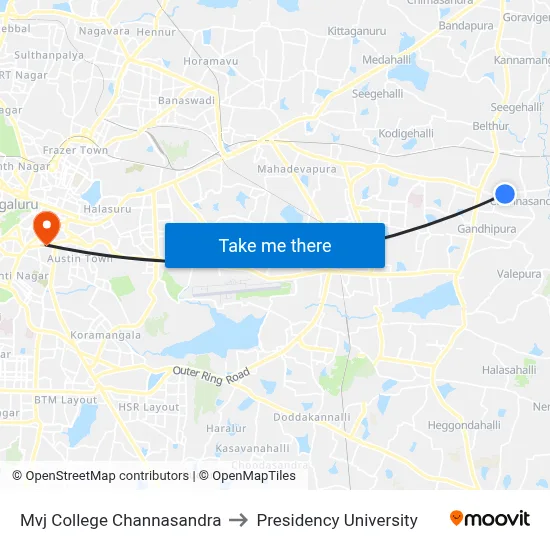 Mvj College Channasandra to Presidency University map
