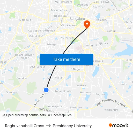 Raghuvanahalli Cross to Presidency University map