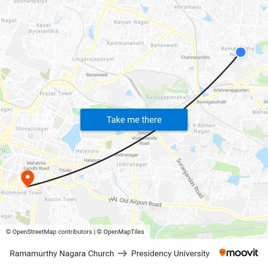 Ramamurthy Nagara Church to Presidency University map