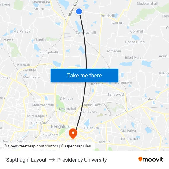 Sapthagiri Layout to Presidency University map