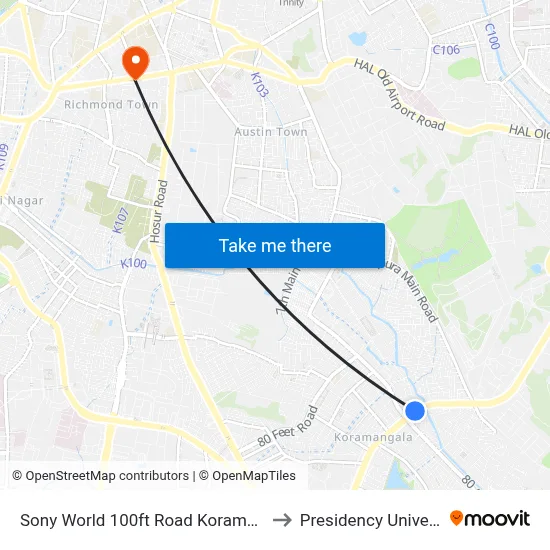 Sony World 100ft Road  Koramangala to Presidency University map