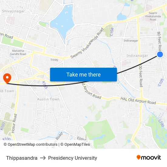 Thippasandra to Presidency University map