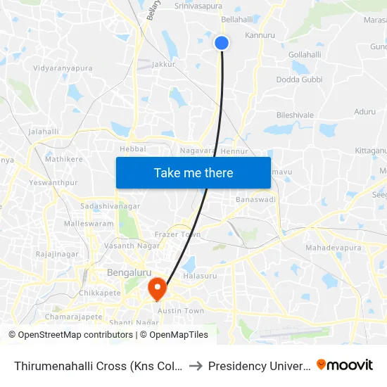 Thirumenahalli Cross (Kns College) to Presidency University map